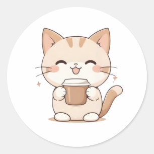 Süße Katze trinkt Kaffee Kawaii Design Runder Aufkleber
