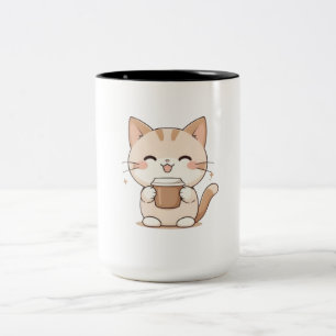 Süße Katze trinkt Kaffee Kawaii Design Zweifarbige Tasse