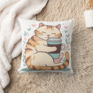 Süße Katze umarmt Kaffeetasse Verspieltes Wurfki Kissen