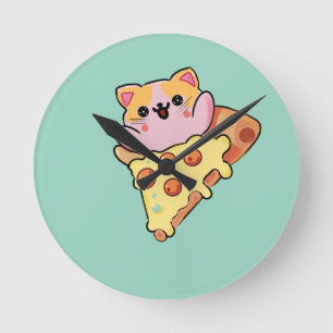 Süße Katze umarmt Pepperoni-Pizza Cartoon Runde Wanduhr