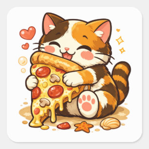 Süße Katze umarmt Pizza   Lustiges Katzenessen-Des Quadratischer Aufkleber