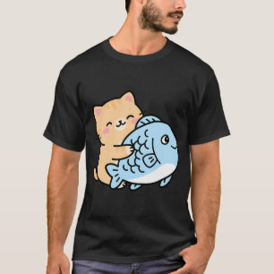 Süße Katze und Fisch Cartoon T-Shirt