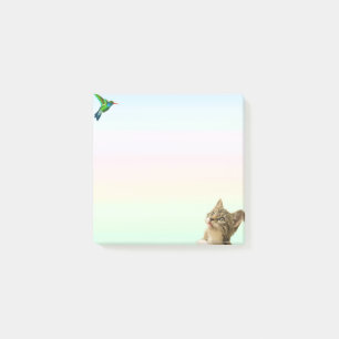 Süße Katze und kleiner Vogel auf Pastellfarbe Post-it Klebezettel