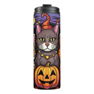 Süße Katze und Kürbislaterne Thermosbecher