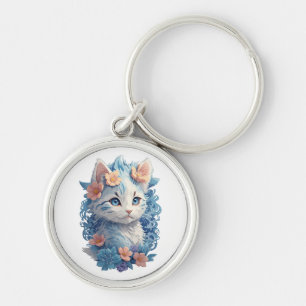 Süße Katzen-Aquarellmalerei mit floralem Spritzer Schlüsselanhänger