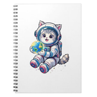 Süße Katzen-Astronautin hält Cartoon-Erde Weltraum Notizblock