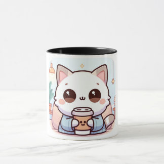 Süße Katzen-Mug mit Kaffee – Kawaii Katzen-Illustr Tasse