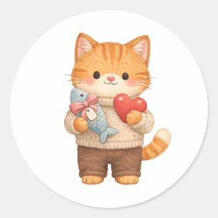 Süße Katzen-Valentins-Kätzchen mit Herzgeschenk Runder Aufkleber