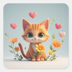 Süße Katzenfigur mit Herzen und Blumen Freude 🌷 Quadratischer Aufkleber