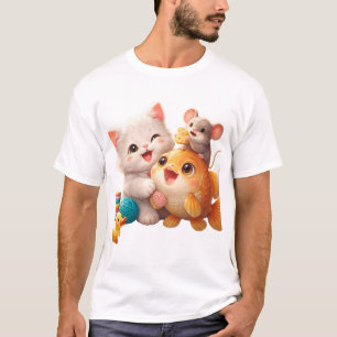 Süße Katzenfischmausfreunde Kawaii-Kunst T-Shirt