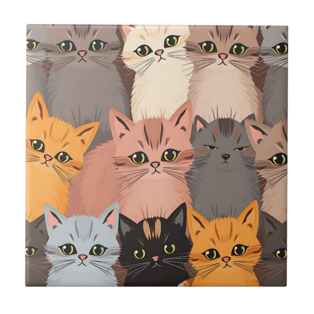 Süße Katzengesichter illustriertes Muster Fliese (Vorderseite)