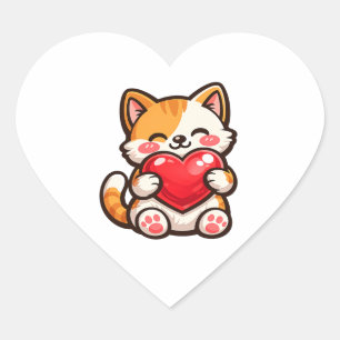 Süße Katzenherz – Kawaii-Katze umarmt rotes Herz, Herz-Aufkleber
