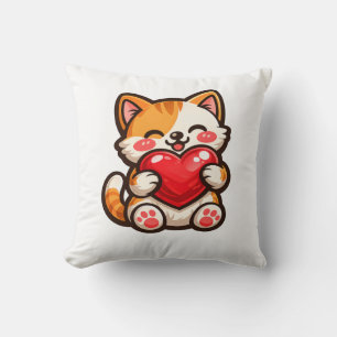 Süße Katzenherz – Kawaii-Katze umarmt rotes Herz, Kissen