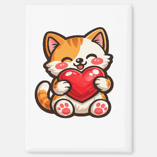 Süße Katzenherz – Kawaii-Katze umarmt rotes Herz, Magnet