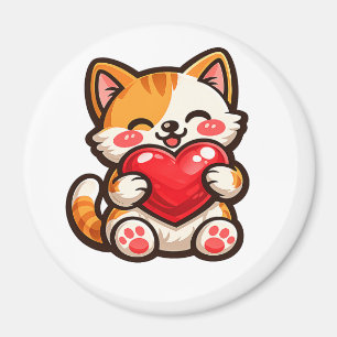 Süße Katzenherz – Kawaii Katze umarmt rotes Herz, Magnet