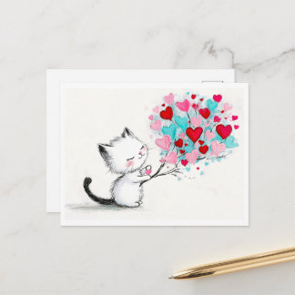Süße Katzenillustration mit Herzen Postkarte