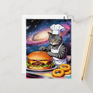 Süße Katzenköchin macht Cheeseburger und Zwiebelri Postkarte