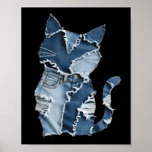 Süße Katzenmuster-Denim-Patchwork-Lustiger Katzenl Poster