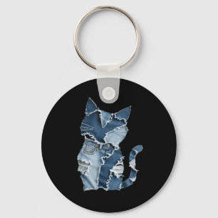 Süße Katzenmuster-Denim-Patchwork-Lustiger Katzenl Schlüsselanhänger