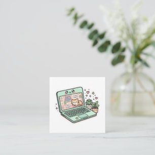 Süße Kawaii Chill Vibes Laptop Katze Topfpflanze A Quadratische Visitenkarte