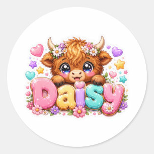 Süße Kawaii Daisy Highland Kuh Name Pastell Rosa F Runder Aufkleber