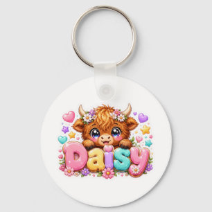 Süße Kawaii Daisy Highland Kuh Name Pastell Rosa F Schlüsselanhänger