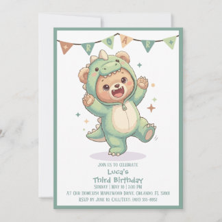 Süße Kawaii Dino Bär Party | 3. Geburtstag Einladung