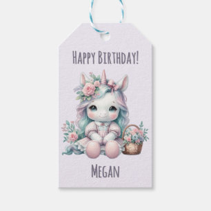 Süße Kawaii-Einhorndoll mit Blumenkorb Geschenkanhänger