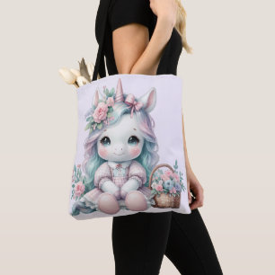 Süße Kawaii-Einhorndoll mit Blumenkorb Tasche