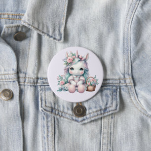 Süße Kawaii-Einhorne Puppe mit Blumenkorb Button