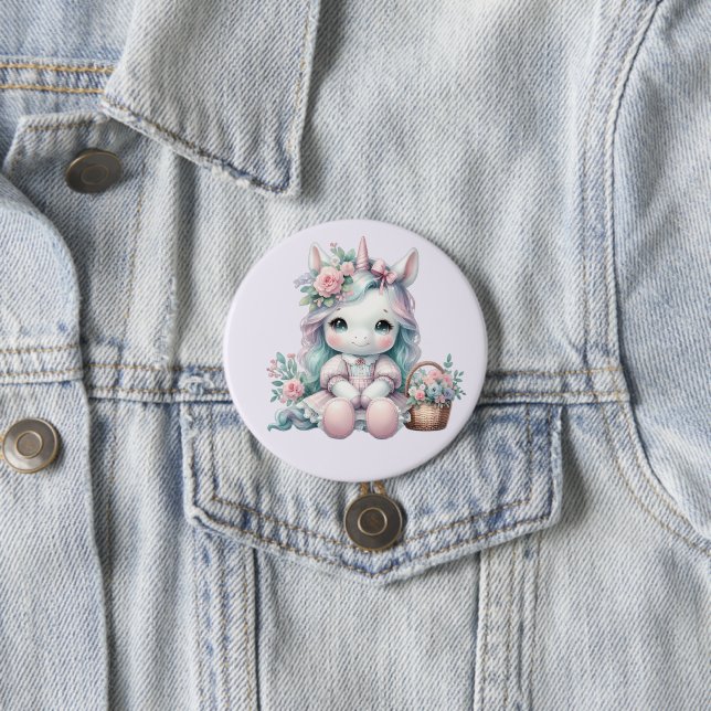 Süße Kawaii-Einhorne Puppe mit Blumenkorb Button (Beispiel)