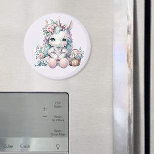 Süße Kawaii-Einhorne Puppe mit Blumenkorb Magnet