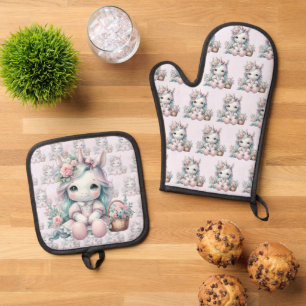 Süße Kawaii-Einhorne Puppe mit Blumenkorb Ofenhandschuh & Topflappen-Set