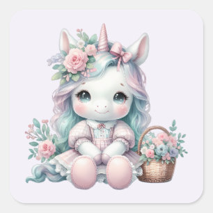Süße Kawaii-Einhorne Puppe mit Blumenkorb Quadratischer Aufkleber