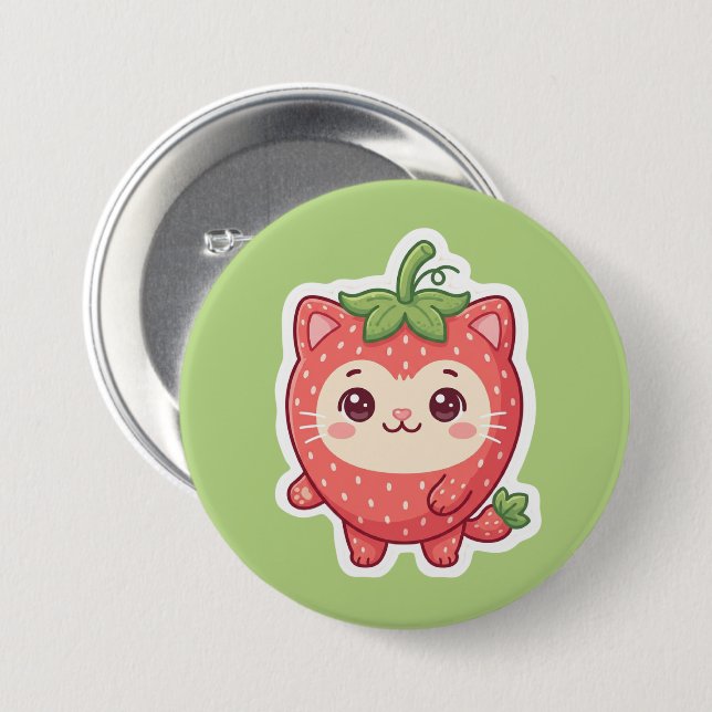 Süße Kawaii Erdbeeren-Katzen-Anstecknadel Button (Vorne & Hinten)