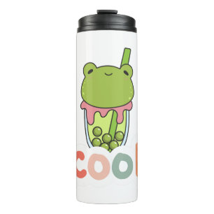 Süße Kawaii-Frosch-Blasentee-Typografie-Vektor Thermosbecher
