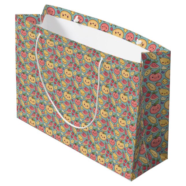 Süße Kawaii-Frucht-Muster-Geschenktasche | Farbkar Große Geschenktüte (Rückseite Schrägansicht)