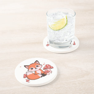 Süße Kawaii-Fuchs mit Pilzen Cartoon-Kunst Getränkeuntersetzer