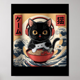Süße Kawaii-Gamer-Katze Lustige Ramen Retro-Japani Poster