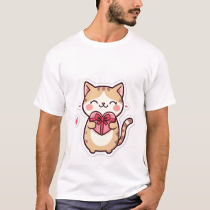 Süße Kawaii-Gingerkatze hält Geschenkbox mit Herz  T-Shirt