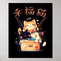 Süße Kawaii glückliche Katzen fischen mit japanisc