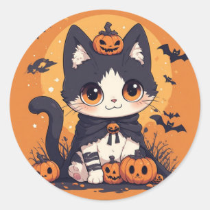 Süße Kawaii-Halloween-Katze mit Kürbissen und Fled Runder Aufkleber