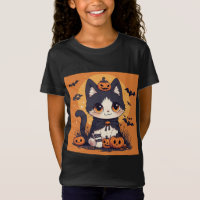 Süße Kawaii-Halloween-Katze mit Kürbissen und Fled