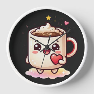 Süße Kawaii-Heißgetränk-Tasse mit Herz-Vektor-Illu Uhr