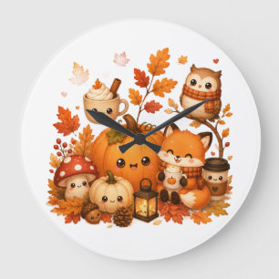 Süße Kawaii Herbst-Kürbis-Fuchs-Eule Herbsttiere Große Wanduhr