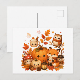 Süße Kawaii Herbst-Kürbis-Fuchs-Eule Herbsttiere  Postkarte