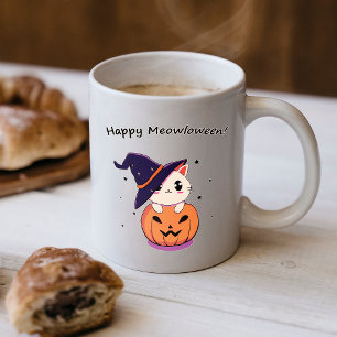 Süße Kawaii Hexenkatze in Halloween-Kürbis Kaffeetasse
