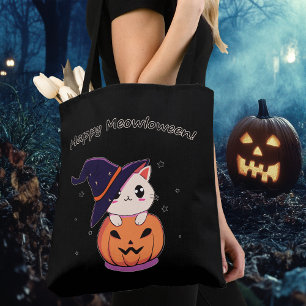 Süße Kawaii Hexenkatze in Halloween-Kürbis Tasche