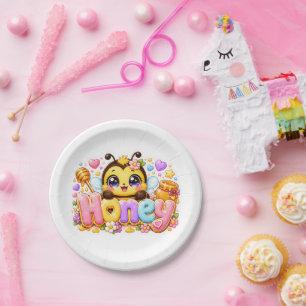 Süße Kawaii Honigbiene Name Pastellrosa Funkelnd B Pappteller