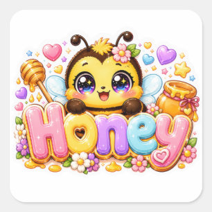 Süße Kawaii Honigbiene Name Pastellrosa Funkelnd B Quadratischer Aufkleber